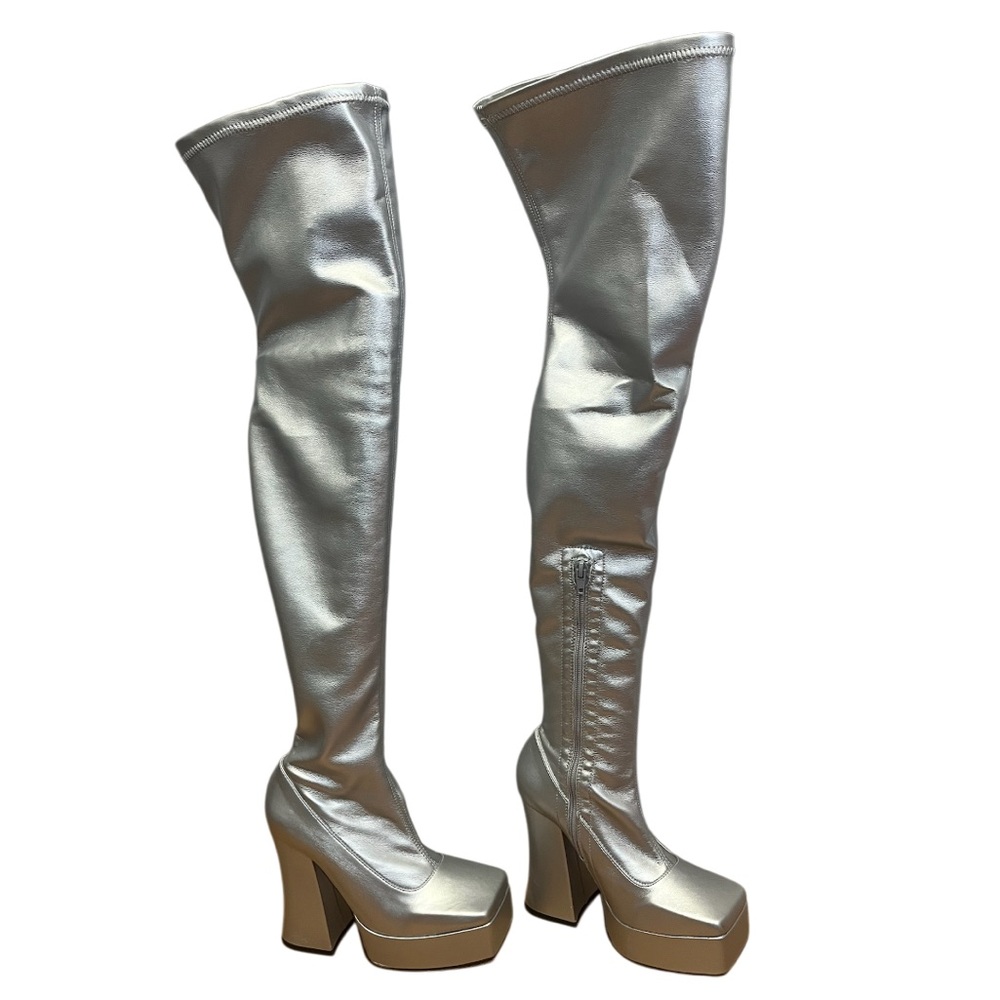 Ziggy Stardust L’Intervalle Over The Knee Leather Silver Platform Boots
